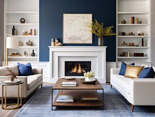 Fototapeta premium Art deco interior design of modern living room, home with fireplace and shelves.