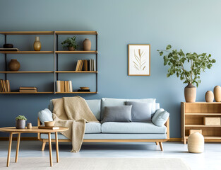 Scandinavian interior design of modern living room, home with blue wall. - 766679093