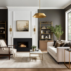 Art deco interior design of modern living room, home with fireplace and black wall.