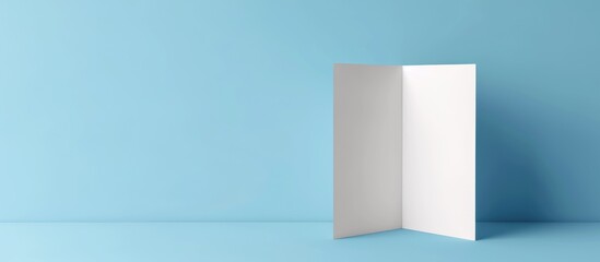 White trifold paper template on a blue backdrop.