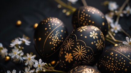 Gold metallic and black Easter Eggs on dark Background. Happy Easter eggs