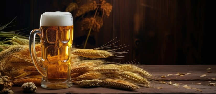 A detailed close-up of a glass filled with beer placed next to several ears of wheat, showcasing the combination of the drink and the grain