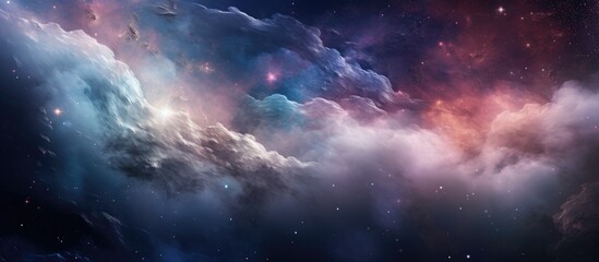 Fototapeta premium This image captures the mesmerizing beauty of a celestial scene, showcasing a stunning deep blue and purple galaxy filled with stars and wispy clouds in the vast expanse of space.