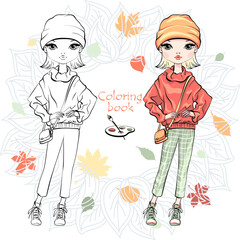 Vector Coloring Book of cute fashion girl in autumn clothes - 766679437