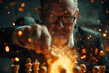 businessman’s decisive move with a chess king, showcasing strategic planning, leadership acumen, and critical thinking in business strategy and competitive success - obrazy, fototapety, plakaty