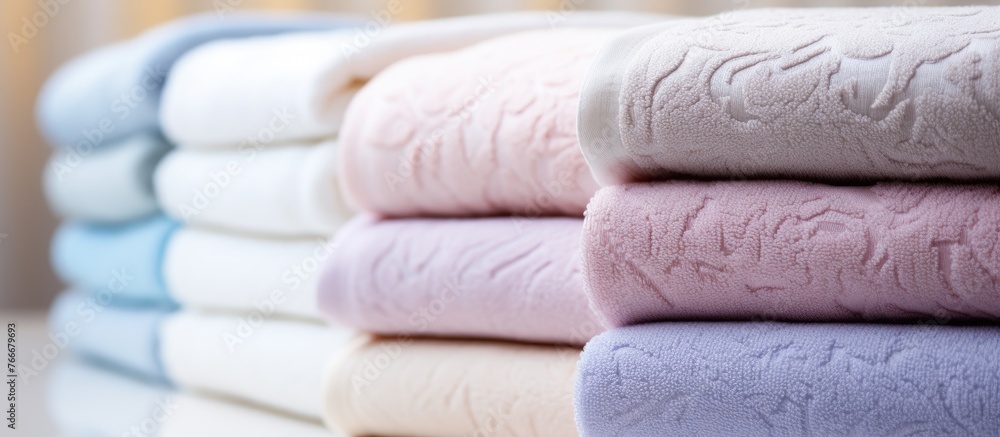 Aufkleber several soft and fluffy towels neatly arranged on a flat surface, creating a stack of linens