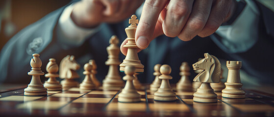 Strategic businessman making a king move in chess, illustrating vision, leadership, and strategic planning in a high-stakes business environment, emphasizing critical decision-making skills - obrazy, fototapety, plakaty