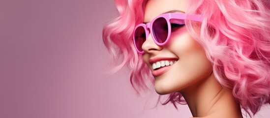 An individual with vibrant pink hair and stylish sunglasses is expressing joy with a smile on their face. - obrazy, fototapety, plakaty