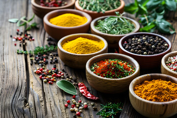 A variety of colorful spices and herbs arranged in small bowls on a rustic wooden surface, adding flavor and aroma to culinary creations