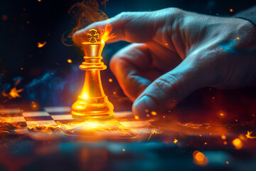 A calculated move by a businessman playing chess, capturing decision-making, strategy, leadership, and critical thinking in the competitive world of business and corporate governance - obrazy, fototapety, plakaty