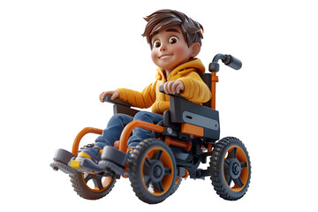 A cheerful 3D animated cartoon render of a happy child riding an electric wheelchair.