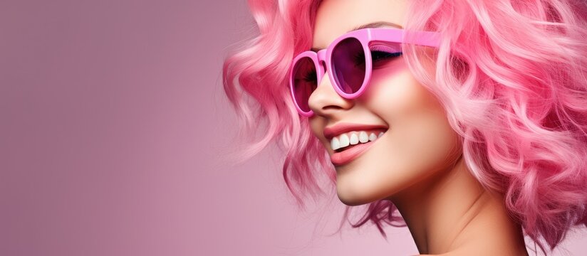 An individual with vibrant pink hair and stylish sunglasses is expressing joy with a smile on their face.