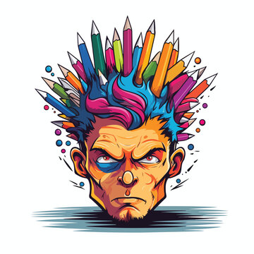 Punk head with color pencils. Art school vector sig