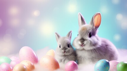 Two cute rabbits with colorful Easter eggs on blue background