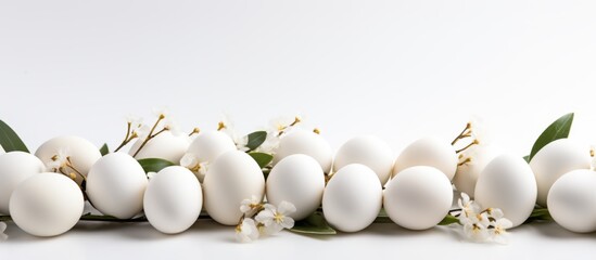a row of white eggs with flowers and leaves on a white background . High quality - Powered by Adobe
