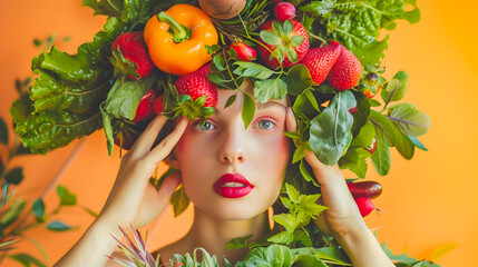 Young Woman Wearing a Head Full of Fresh Produce in a Vibrant Postmodern Style