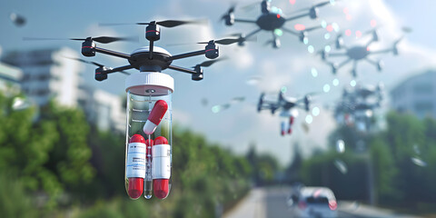 Drone Delivering Medicine in the Sky ,Drone Dispatching Medicines Across the Sky ,Sky bound Drone Delivery of Medicine