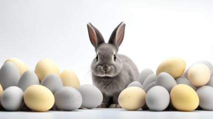 Fototapeta na wymiar Small gray rabbit sits between shiny gold and silver Easter eggs on white background