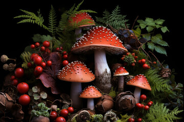 Kingdom of fly agaric mushrooms, poisonous forest mushrooms with red caps speckled in white - obrazy, fototapety, plakaty