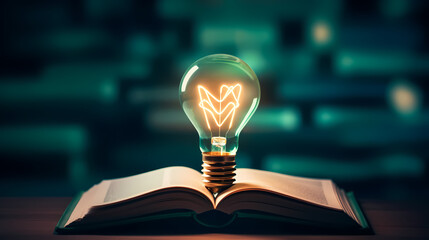 Glowing light bulb on book, reading inspiration concept, innovation idea