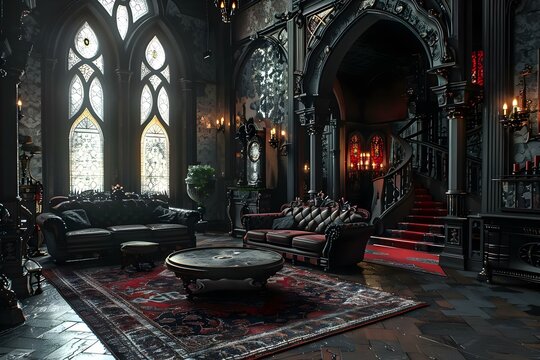 Inside a grand vampire castle living room with gothic furniture dark decor opulent design and spooky accents. Concept Vampire Castle, Gothic Furniture, Dark Decor, Opulent Design, Spooky Accents