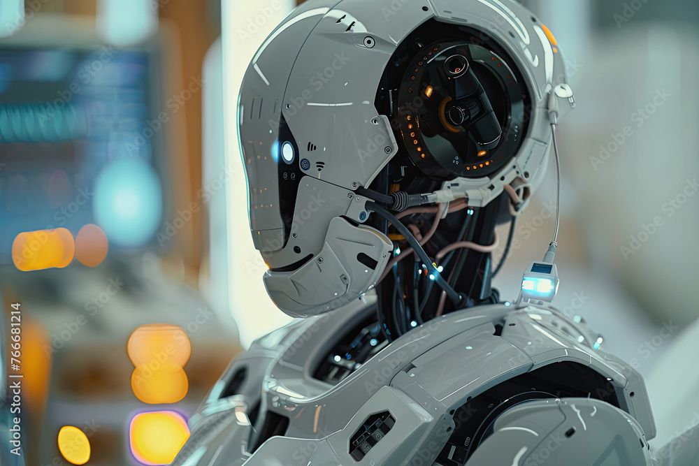 Poster advanced robotic head with technological design