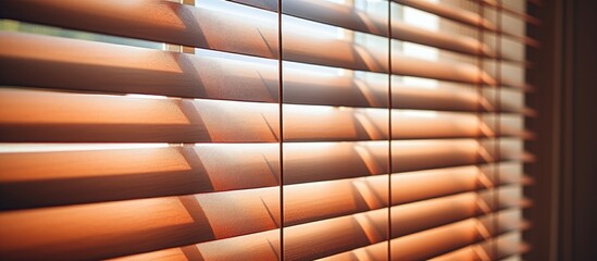 An interior view of blinds featuring wooden slats in a low-light room ambiance - obrazy, fototapety, plakaty