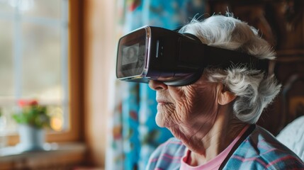 Image of grandmother wearing VR glasses looking at a hologram. Concept. Technology expert in caring for and restoring the memory of the elderly. Virtual Reality Personal Memory Curator.