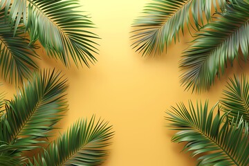 Fototapeta na wymiar Realistic lush green palm leaves frame or border on yellow background, illustration for background, wallpaper, invitation and greeting card