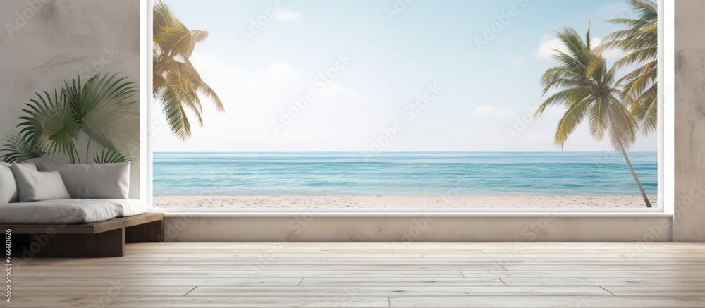 Poster a spacious window offers a breathtaking view of the vast ocean and swaying palm trees, creating a se