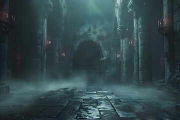 Vampire-Themed Dungeon Arena with Castle Elements for Game Design or Background Art. Concept Vampire, Dungeon Arena, Castle Elements, Game Design, Background Art - obrazy, fototapety, plakaty