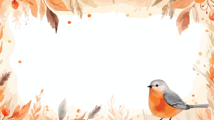 Watercolor autumn frame with cute forest bird and pla - obrazy, fototapety, plakaty