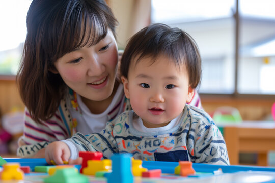キッズルームで遊ぶ幼児と見守る母親「AI生成画像」