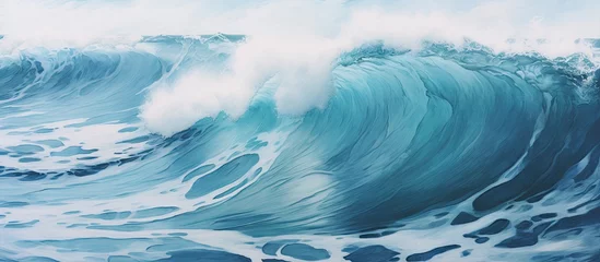 Foto op Canvas A powerful water wave crashes onto the shore from the ocean, driven by wind and forming a fluid motion as it breaks against the coastline © TheWaterMeloonProjec
