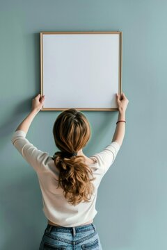A woman hanging an empty picture frame on an open wall. 