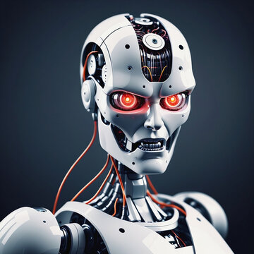 illustration of an angry expression from an artificial intelligence robot in the future that will be dangerous