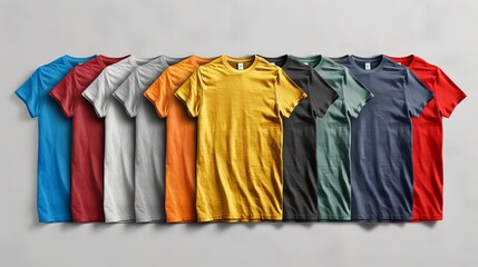 A collection of colored t-shirt templates for men, showcasing a variety of design options