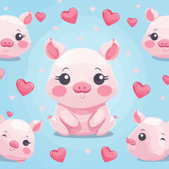 Repeat.Seamless pattern of cute pig with heart in v