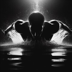 Silhueta de um jovem atleta na água treinando para as olimpíadas em um fundo preto