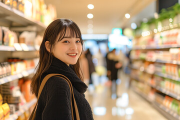 ショッピングセンターで買い物をしている日本人女性「AI生成画像」 - obrazy, fototapety, plakaty