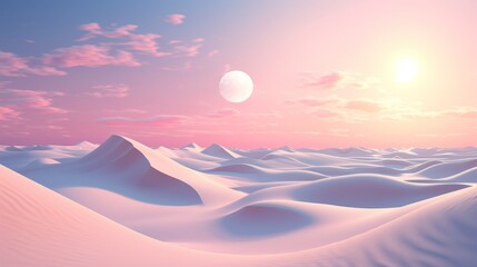 Artwork Depicting Mountains Against a Pink Sunset Sky with Moon