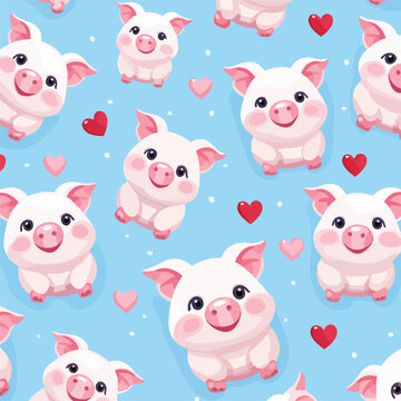 Repeat.Seamless pattern of cute pig with heart in v