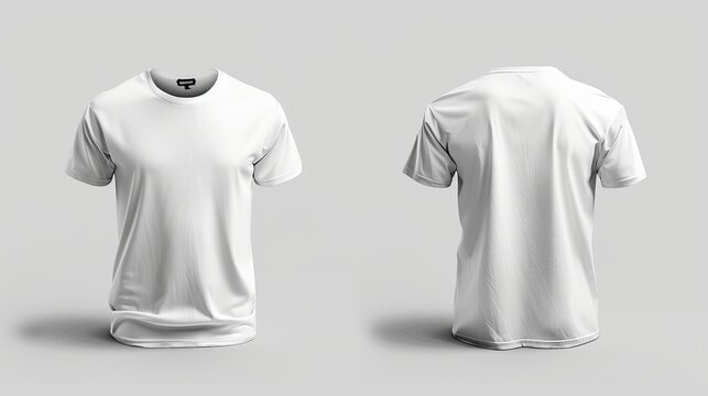 A men's white blank t-shirt template displayed from two angles on an invisible mannequin, suitable for design mockups and print applications, isolated on a white background