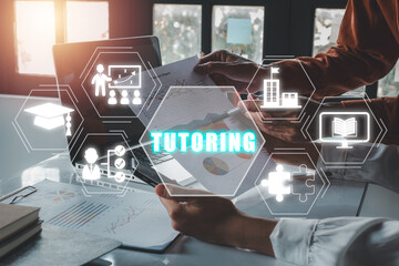 Tutoring concept, Business team analyzing income charts and graphs on office desk with tutoring icon on virtual screen. - obrazy, fototapety, plakaty