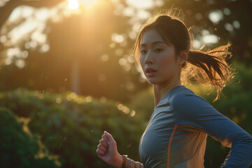 屋外をジョギングしている若い日本人女性「AI生成画像」