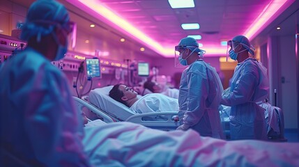 Team of doctors and nurses care for patient in hospital ward with purple glow