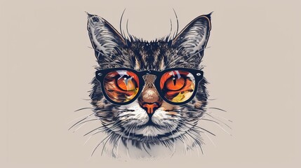 An artistic vector illustration of a cat wearing glasses, tailored for creative t-shirt designs