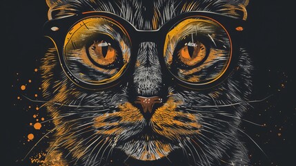 An artistic vector illustration of a cat wearing glasses, tailored for creative t-shirt designs - obrazy, fototapety, plakaty