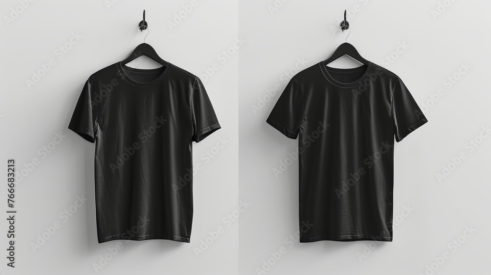 Wall mural Blank black t-shirts mock-up hanging on a white wall, offering front and rear views ready for design replacement