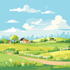 Rural farm landscape scene with houses. Summer coun